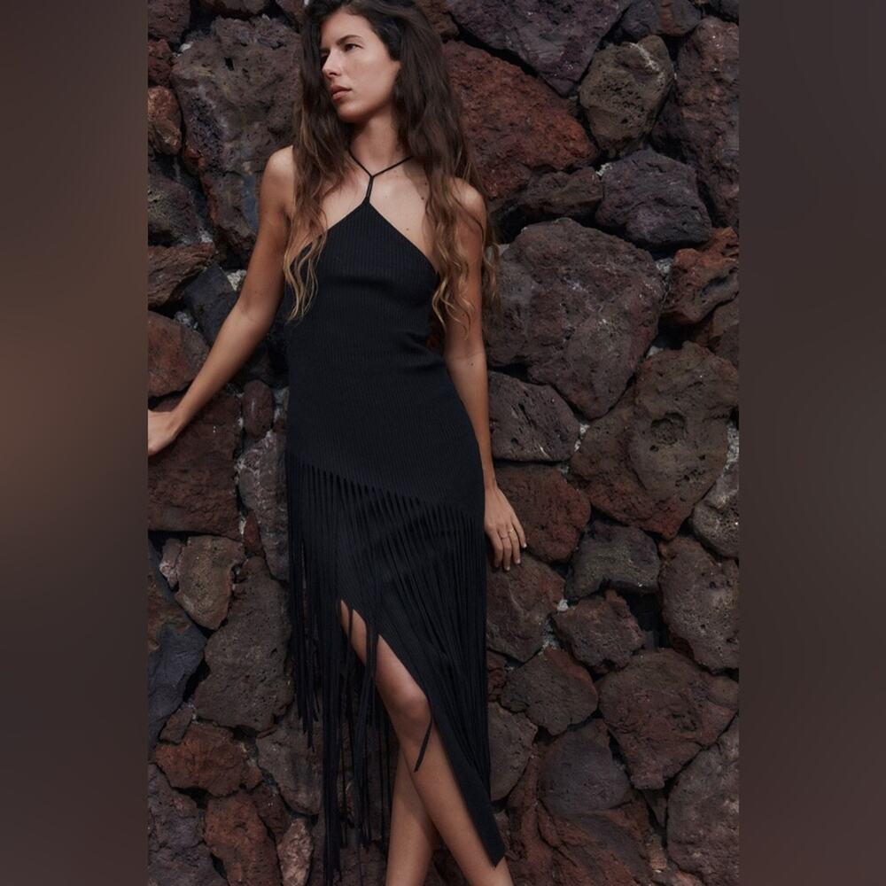 Zara Black Asymmetric Fringe Halter Dress - Picture 3 of 11